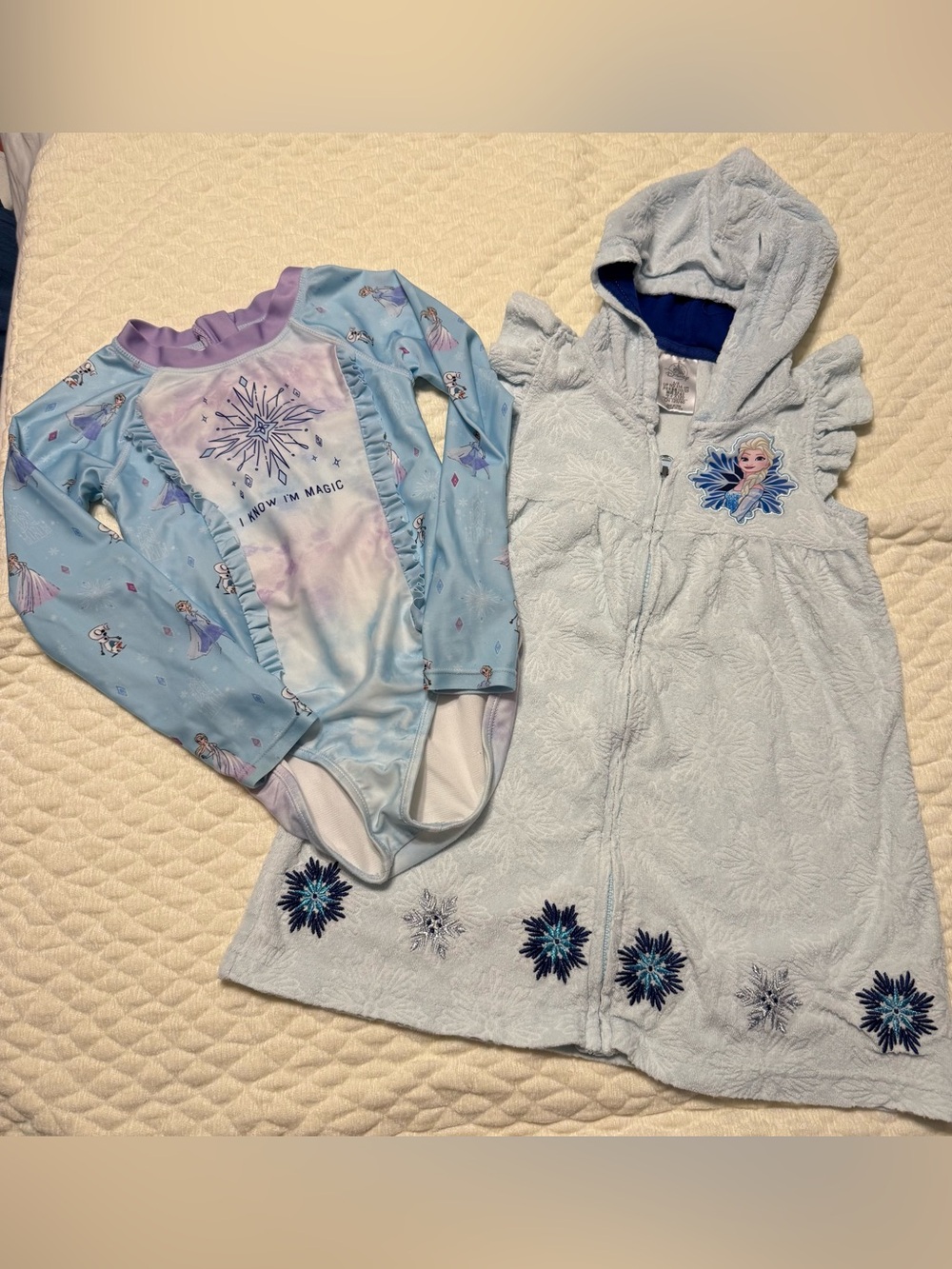 Disney Frozen Elsa Long Sleeve Swimsuit Size Small & Cover Up Size 5/6